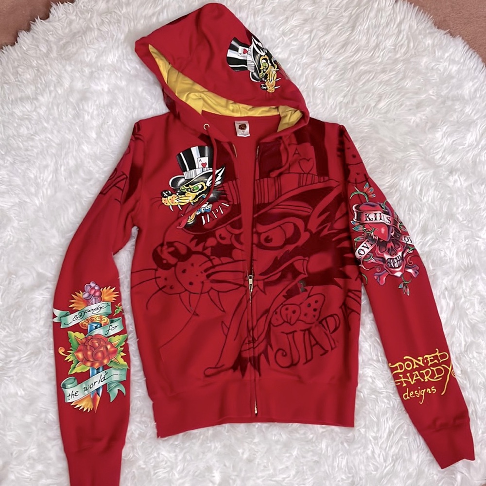 Ed Hardy Zip up Sweater - Red & Yellow inside Hood